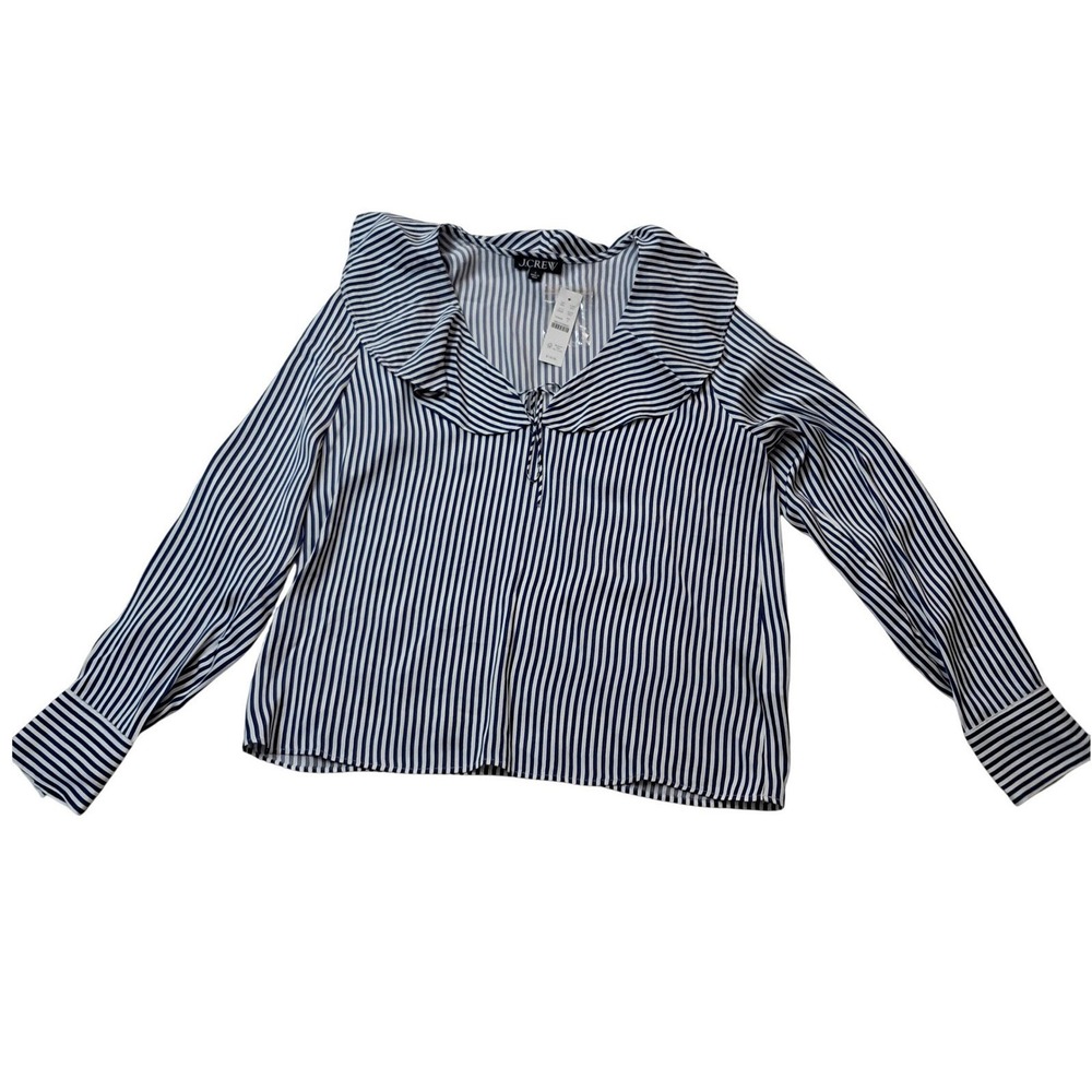 NWT J. Crew Goldie Top Womens Small Blue Striped Satin Ruffle Collar Long Sleeve